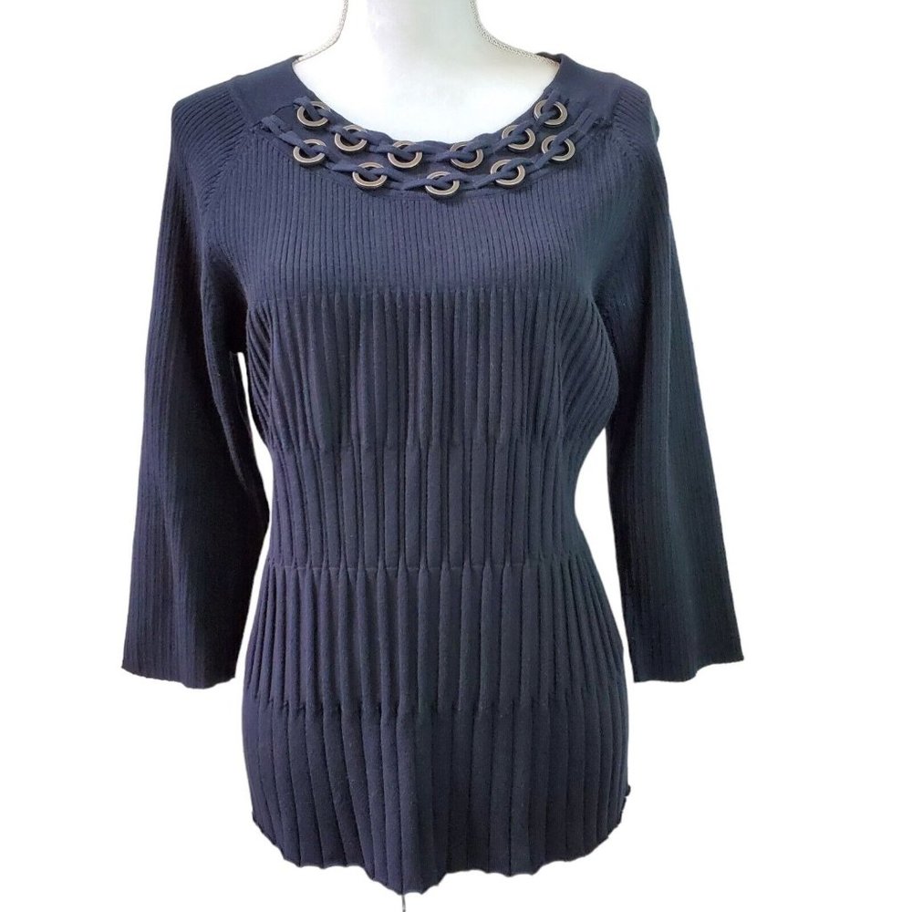REQUIREMENTS Womens Sweater Size XL Black Round Neck Metallic 3/4 Knit Ribbed